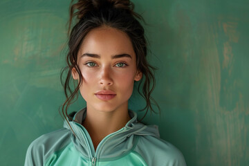 Young sporty woman in sportswear over green background, empty copy space
