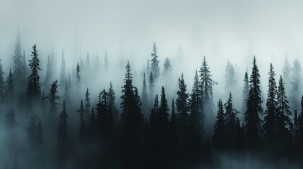 Silhouettes of ancient, towering trees in a dark forest, barely visible through a thick blanket of fog against a white sky. 