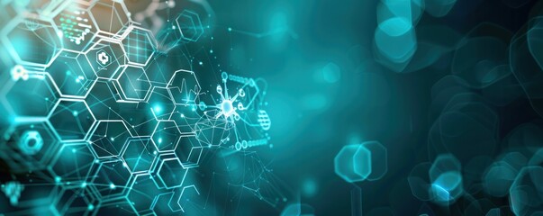 A blue background with a lot of hexagons and dots