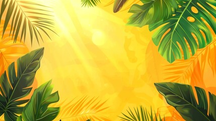 Fototapeta na wymiar Vibrant tropical background with sun rays and lush green palm leaves.