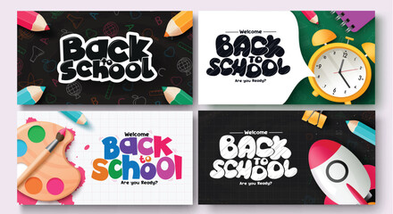 Back to school text vector banner design. Welcome back to school greeting with color pencil, water color, alarm clock and rocket ship elements in doodle background collection. Vector illustration 