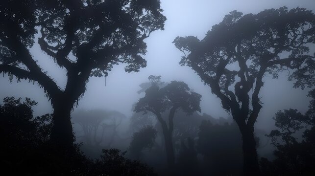 Silhouettes of ancient, towering trees in a dark forest, barely visible through a thick blanket of fog against a white sky.