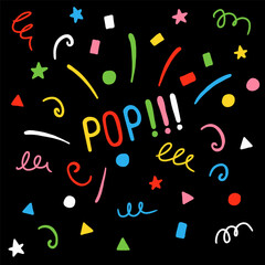 Confetti vector banner background with colorful serpentine ribbons, place for yours text at the center. Anniversary, celebration, greeting illustration in flat simple cartoon style with fun explosion.