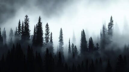 The stark silhouette of tall pine trees against a bright white sky, shrouded in dense fog in a dark...