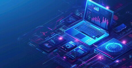 A laptop is displayed on a blue background with a lot of other devices