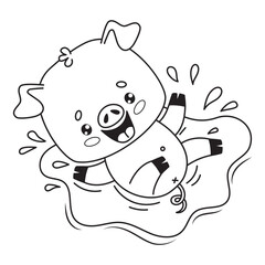 Happy smiling pig splashing in puddle of water. Cute outline animal cartoon character. Line drawing, coloring book. Vector illustration. Kids collection.