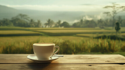 Hot coffee cups on wooden table with morning rice field background