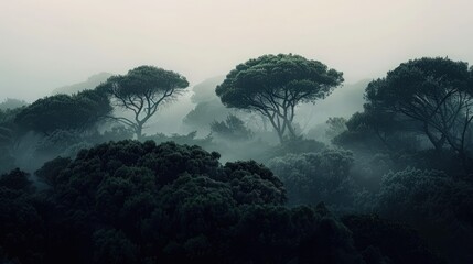A dense, foggy forest with the dark silhouettes of bushy tree canopies contrasted against a pale white sky.
