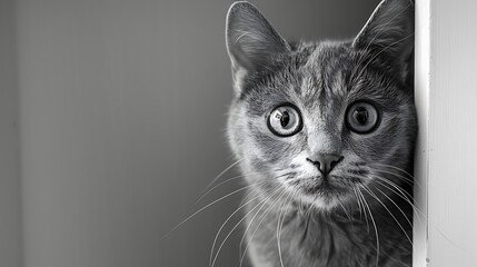 A curious grey cat peeks around a corner with alert wide eyes in a black and white photograph