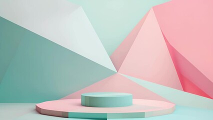 Get lost in the geometric beauty of this podium featuring a mix of soft pastel tones and sharp angles. The lowpoly style adds a modern . AI generation.