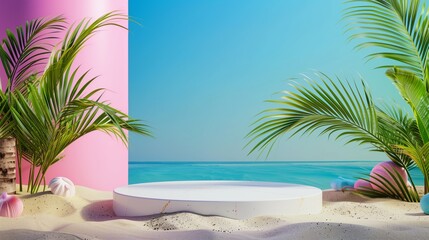 Tropical beach setting with a white display podium, palm trees, and colorful seashells