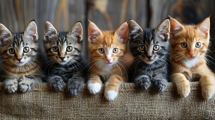 Five adorable kittens sitting in a row against a blurred background, looking at the camera with curiosity. - obrazy, fototapety, plakaty