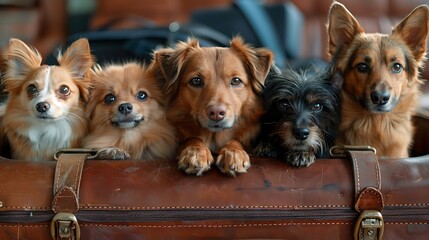 Five adorable dogs resting their paws and heads on a leather suitcase, looking at the camera with...