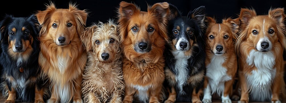 A line-up of six diverse dogs with different fur patterns and colors posing against a black background for a charming group portrait. 
