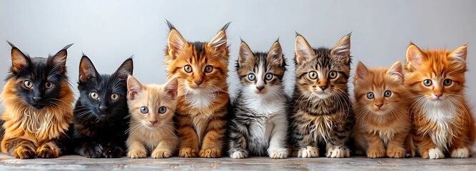A row of adorable kittens with varying fur patterns posing for a cute group photo on a grey background.