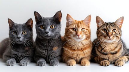 Four adorable cats of different breeds sitting side by side against a white background.  - obrazy, fototapety, plakaty