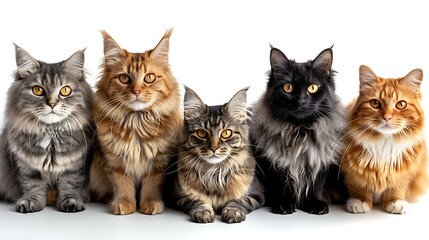 Five beautiful pedigree cats sitting side by side on a white background looking at the camera, perfect for pet-related content. 