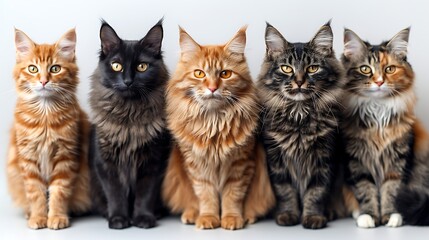 Five diverse and adorable cats sitting side by side against a white background