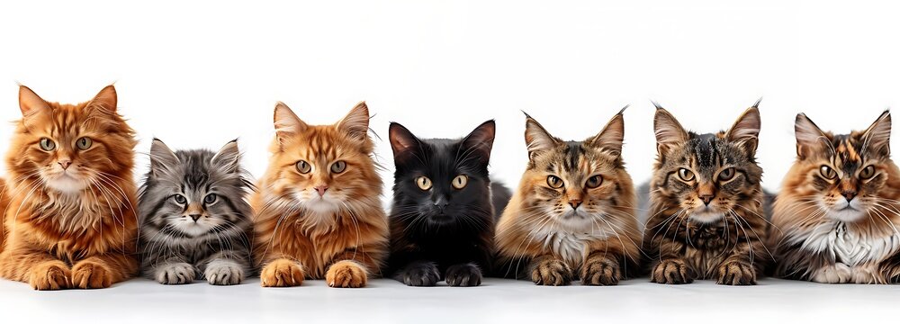 A diverse group of seven cats sitting side by side against a white background, showcasing a variety of fur patterns and colors. 