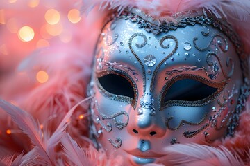 Enigmatic Elegance: Mardi Gras Mask Amidst Festive Lights. Concept Mardi Gras Fashion, Festive...