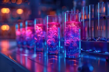 A row of colorful glassware with a blue liquid in the middle