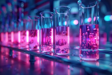 A row of glass beakers filled with a pinkish liquid