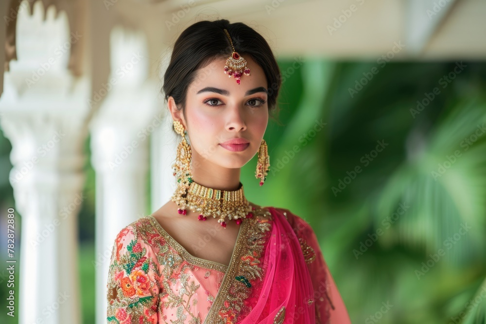 Wall mural  A beautiful Indian woman dressed in traditional likely a saree or lehenga with jewelry for wedding, casual Event or festival.   Fictional Character Created by Generative AI.