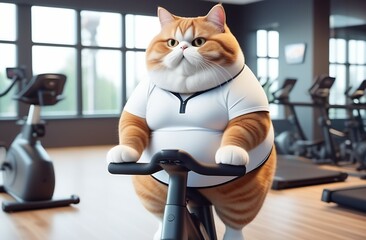 Cartoon fat red cat in white T-shirt is working out on an exercise bike in gym sports center, concept of healthy lifestyle, weight loss