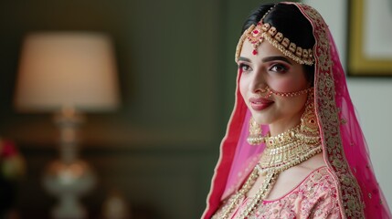 A beautiful Indian woman dressed in an elegant bridal outfit, complete with stunning jewelry and a wedding veil.  Fictional Character Created by Generative AI. - obrazy, fototapety, plakaty