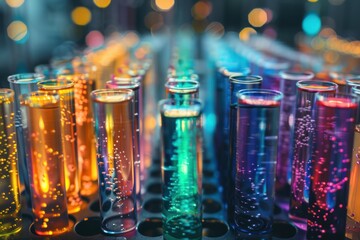 A row of colorful test tubes filled with bubbling liquids