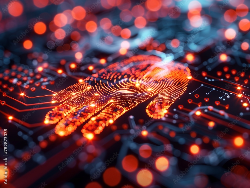 Poster a futuristic handprint illuminated with glowing circuits and digital patterns, symbolizing technolog