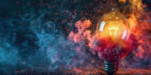 A glowing light bulb is surrounded by smoke and fire, creating a sense of danger