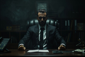 A businessman sitting behind a luxurious desk with a villain look - obrazy, fototapety, plakaty