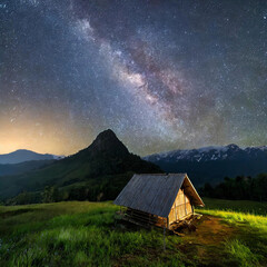 ‭pasture‬ hut under the milky way galaxy with mountain view - obrazy, fototapety, plakaty