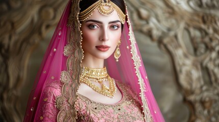 Obraz premium A beautiful Indian woman dressed in an elegant bridal outfit, Fictional Character Created by Generative AI.
