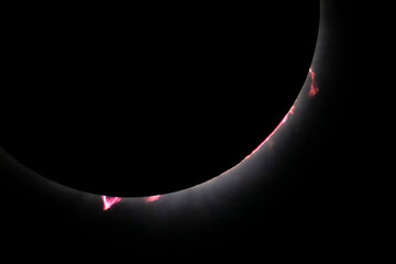 Late in totality prominences, filaments, and flares are seen in the chromosphere of the sun as the moon blocked the the star during the April, 2024 total solar eclipse.