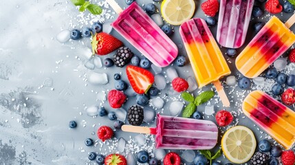 Assorted fruit popsicles with fresh berries and lemon on a cool icy background.