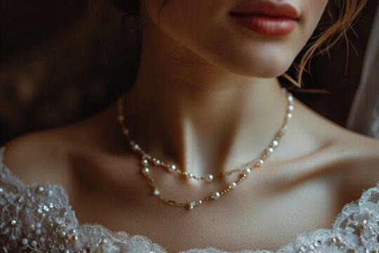  Closeup view of woman wearing beautiful necklace and white gown posing for a picture. Fictional Character Created by Generative AI.
