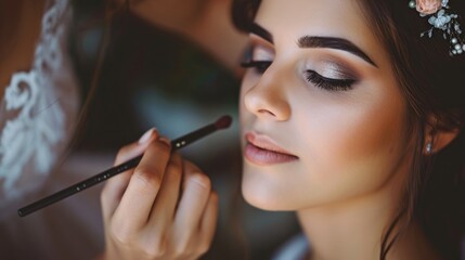 a Beautiful Christian Bride Getting Ready for Her Wedding by Makeup Artist. Fictional Character Created by Generative AI.