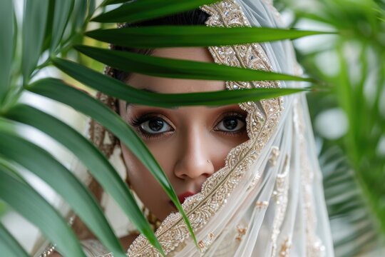 Beautiful Indian woman dressed as a bride hiding behind leaf plant for a nature photo.   Fictional Character Created by Generative AI.