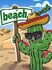 Illustration of a Cactus Wearing a Sombrero and Sunglasses