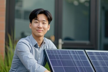 Well dressed young Asian man holding a solar panel, smiling and posing with an idea that could revolutionize the energy renewable. Fictional Character Created by Generative AI.