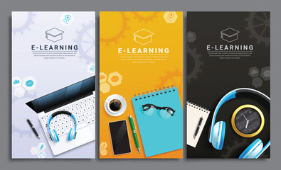 E learning education vector poster design. Back to school e learning text with laptop computer and mobile phone learning device for distance education lay out collection. Vector illustration 