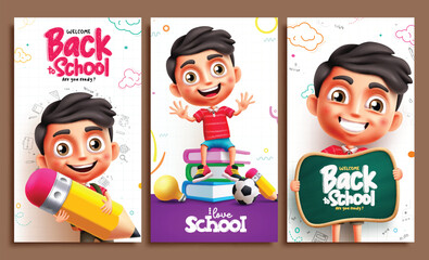 Back to school boy character vector posters. School boy characters with pencil, books and chalkboard education supplies and elements for educational flyers set collection. Vector illustration school 