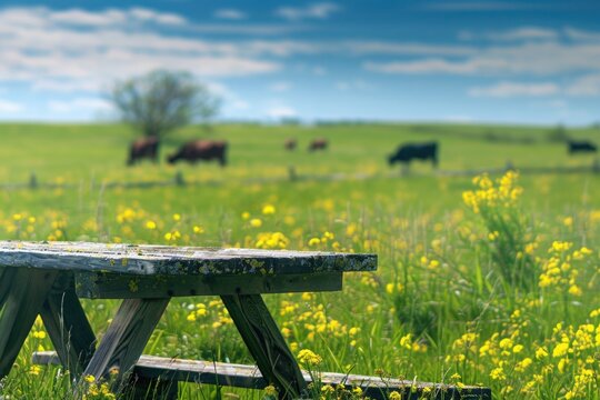 A wooden table in a village, cows grazing on grassland in the background, a sunny day during the summer season.