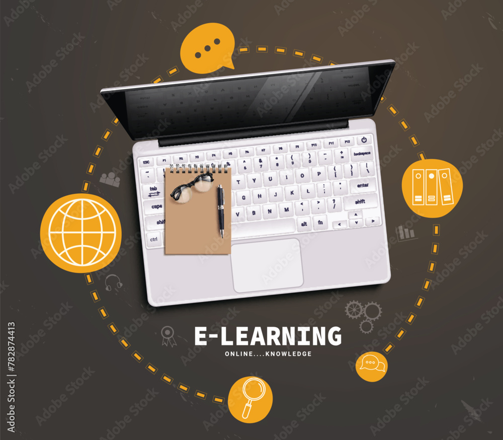 Aufkleber e learning education vector design. e learning online school with laptop computer learning device fo
