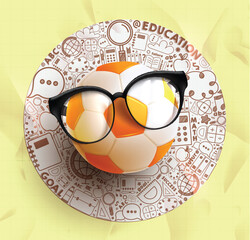 Back to school soccer ball vector design. Back to school education concept with soccer ball elements wearing eyeglasses in doodle educational items and learning supplies. Vector illustration school 