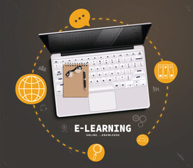 E learning education vector design. E learning online school with laptop computer learning device for college course and distance education concept. Vector illustration e learning online design.  
