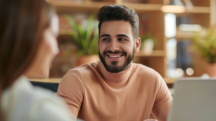 Obraz premium A Man in a Red Sweater Smiling and Laughing with a woman Fictional Character Created by Generative AI.