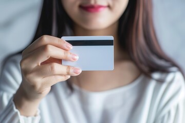 A young woman holding a credit card in her hand and suggesting that she may be shopping or socializing. Fictional Character Created by Generative AI. - obrazy, fototapety, plakaty